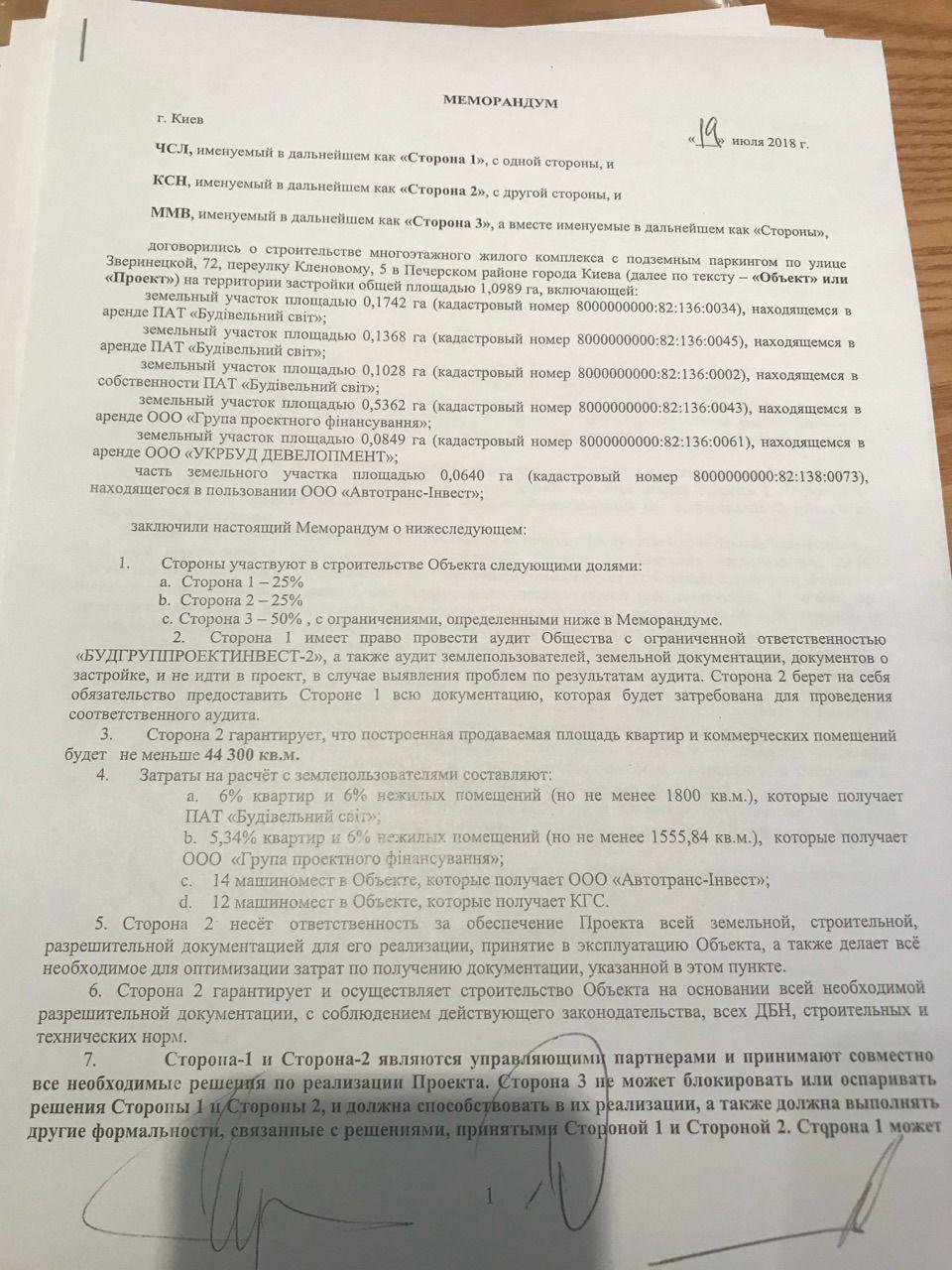 Микитась с Кучером и Черновецким-младшим подписали неофициальный меморандум о застройке Печерска (документ) 1 doc1